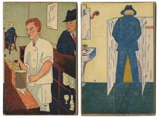 Bartender Filling Glass - Man Urinating]. [Movable Sand Card