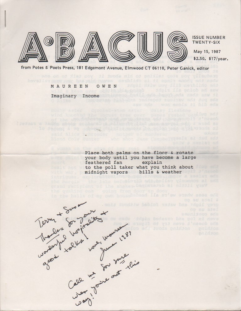 Item #41904 ABACUS - Issue Number Twenty-Six. Peter Ganick, Maureen Owen.