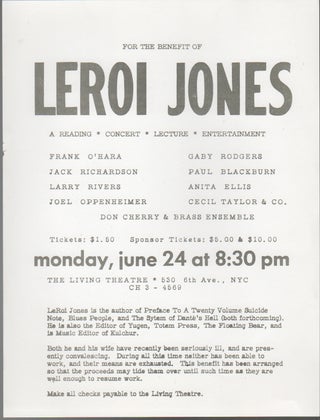 Flyer Advertising a Benefit for Leroi Jones. Living Theatre.