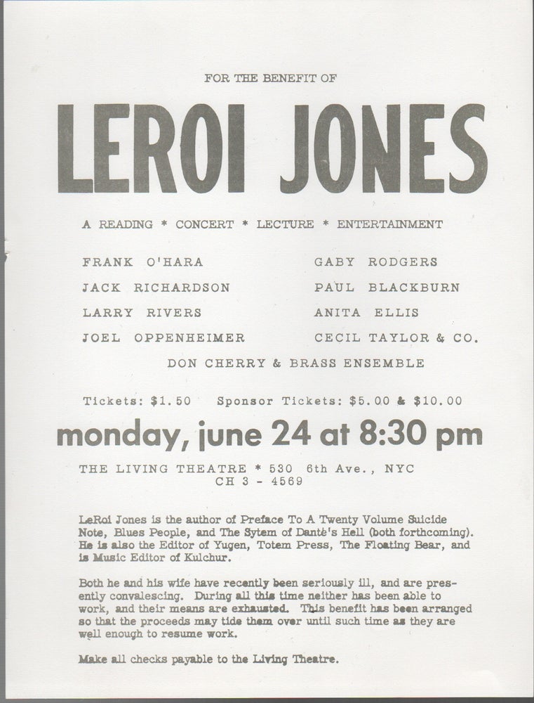 Item #41956 [Flyer Advertising a Benefit for Leroi Jones]. Living Theatre.