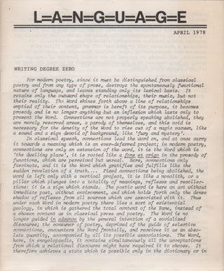 L=A=N=G=U=A=G=E April 1978. Bruce ANDREWS, Charles Bernstein.