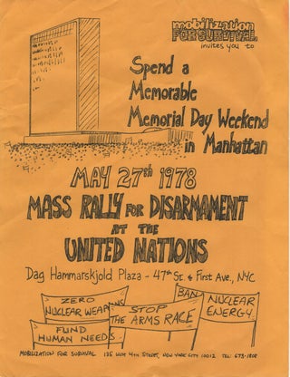 Flyer for a Mass Rally for Disarmament at the United Nations. Anti-Nuclear, Mobilization for Survival.