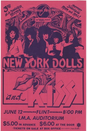 Original Poster for a 1974 New York Dolls & Kiss Concert at the I.M.A Auditorium in Flint, MI. Music, Rock, New York Dolls.