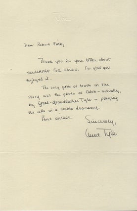 Autographed Note Signed Sent to a Fan. Anne TYLER.