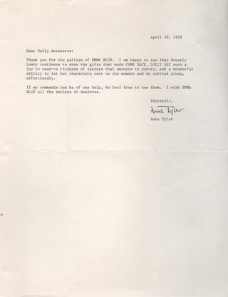 Typed Letter Signed to Doubleday Editor Sally Arteseros. Anne Tyler.