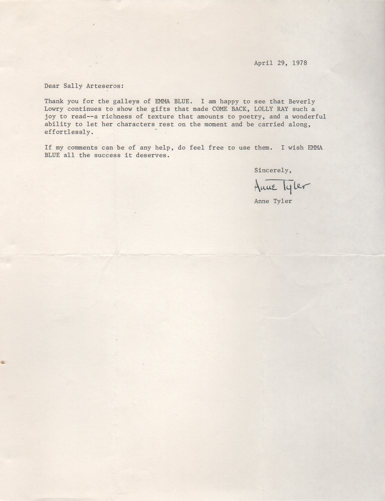 Item #42497 Typed Letter Signed to Doubleday Editor Sally Arteseros. Anne Tyler.