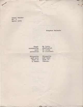 LEGAL TENDER - No. 2 - April 1978. Stephen MALMUDE, Carol Samatowicz.