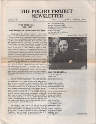 THE POETRY PROJECT NEWSLETTER - No. 100 - October 1983. Ted BERRIGAN, Lorna Smedman.
