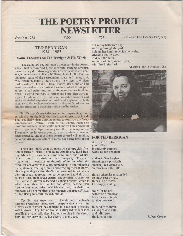 Item #42938 THE POETRY PROJECT NEWSLETTER - No. 100 - October 1983. Ted BERRIGAN, Lorna Smedman.