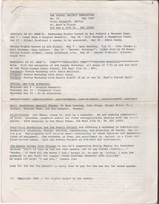 Item #42941 THE POETRY PROJECT NEWSLETTER - No. 75 - May 1980. Vicki Hudspith, Helena Hughes,...