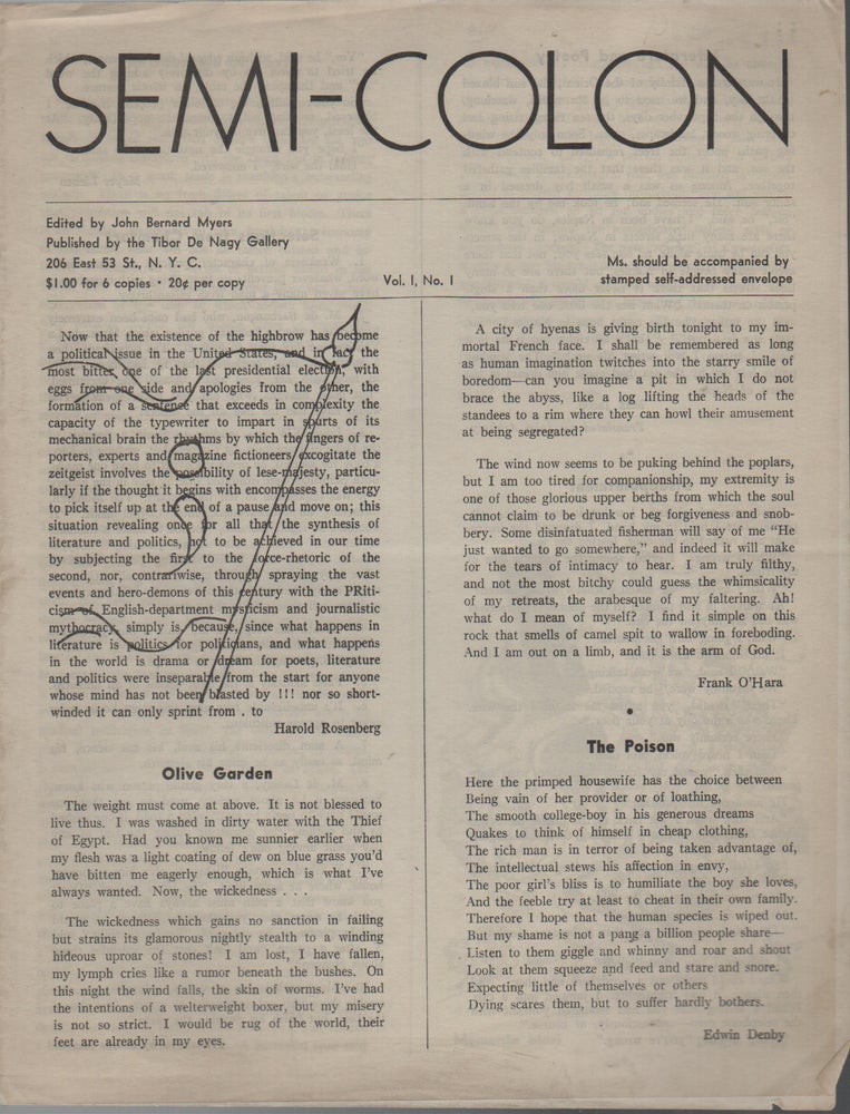 Item #43371 SEMI-COLON Vol. 1 No. 1. John Bernard MYERS.