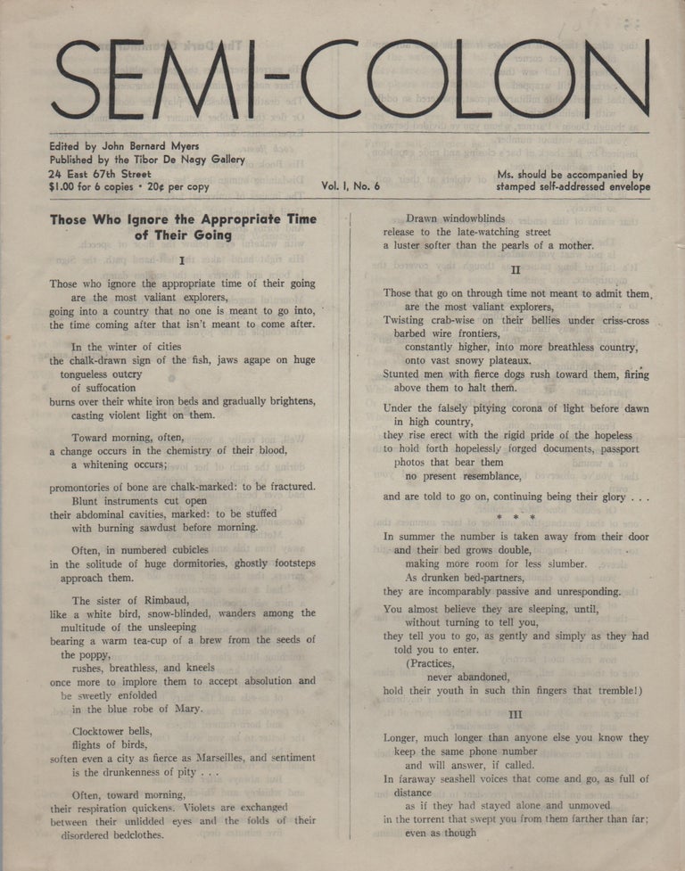 Item #43372 SEMI-COLON Vol. 1 No. 6. John Bernard MYERS.