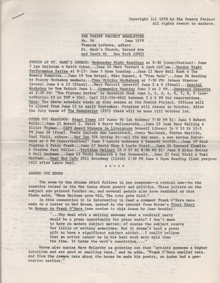 THE POETRY PROJECT NEWSLETTER - No. 56 - June 1978. Poetry Project, Frances LEFEVRE.