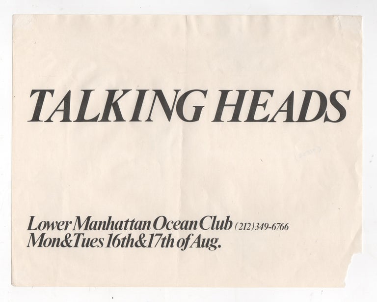 Item #43802 Original Flyer for Talking Heads Show at The Ocean Club in Lower Manhattan. Talking Heads.