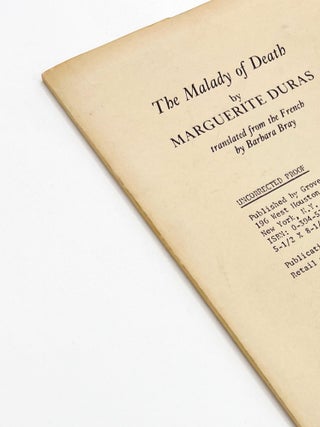 Item #44158 THE MALADY OF DEATH. Marguerite Duras, Barbara Bray
