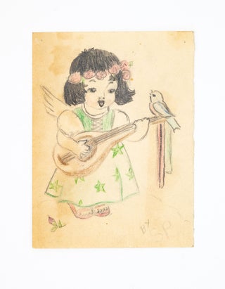 Item #51481 Original Juvenile Drawing of a Cherub and a Songbird. Sylvia Plath