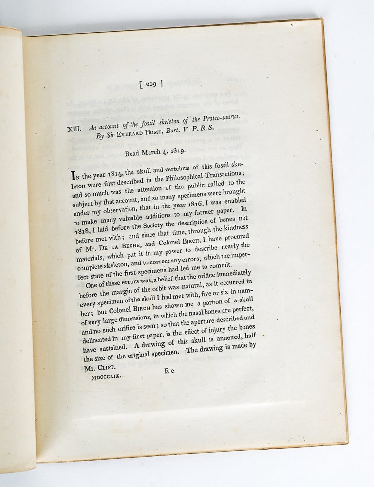 "Some Account of the fossil Remains of an Animal" [WITH] "An Account of the fossil skeleton of the Proteo-saurus" [and] "Reasons for giving the name Proteo-Saurus" in PHILOSPHICAL TRANSACTIONS (Issue 104, 31 Dec 1814 / Issue 109, 31 Dec 1819)